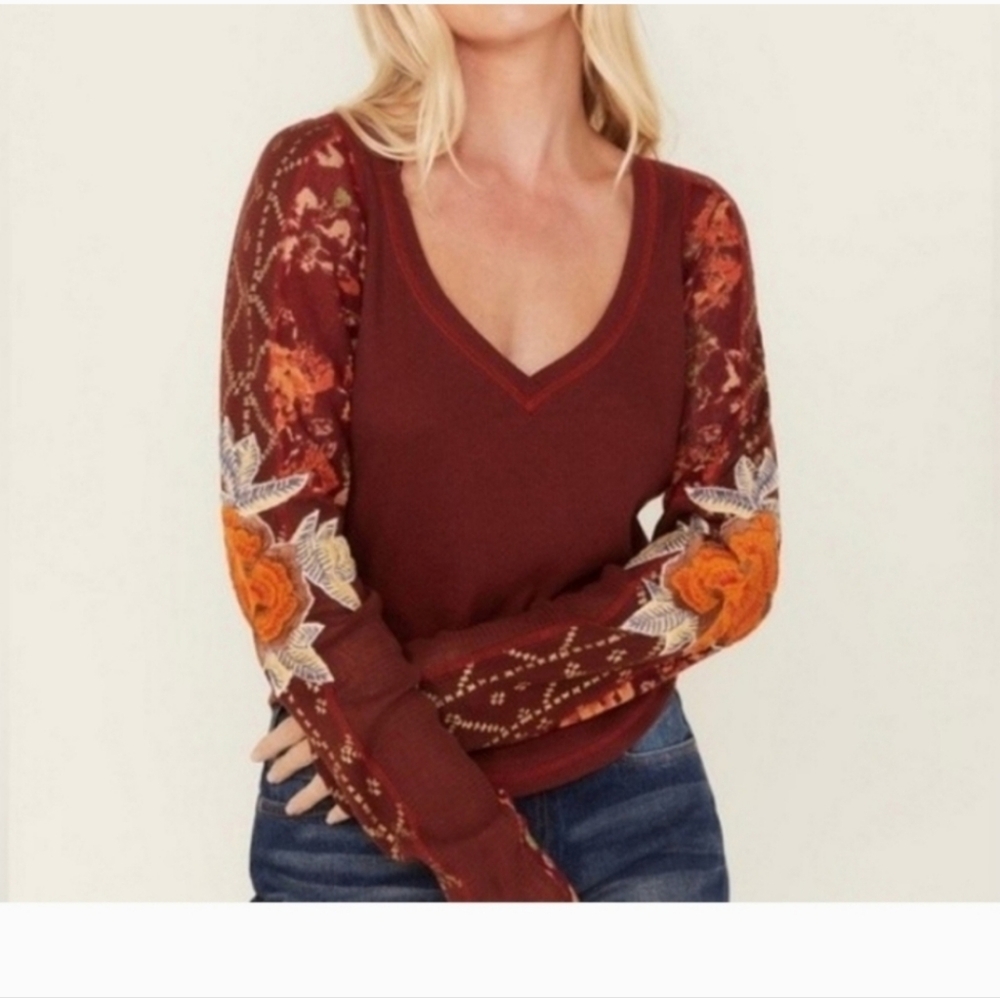 Free People Burgundy Floral Sleeve Top
